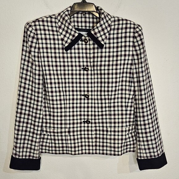 Jacqueline‎ Ferrar Navy White Red 4 Button Plaid Collar Pockets Blazer Size 10 - Picture 1 of 8